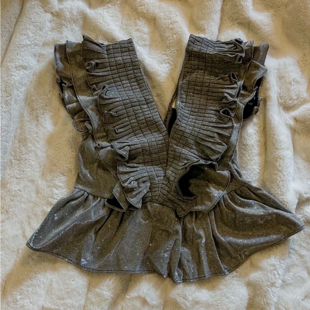 NWT Entro Shimmering Ruffle V Neck Silver Top